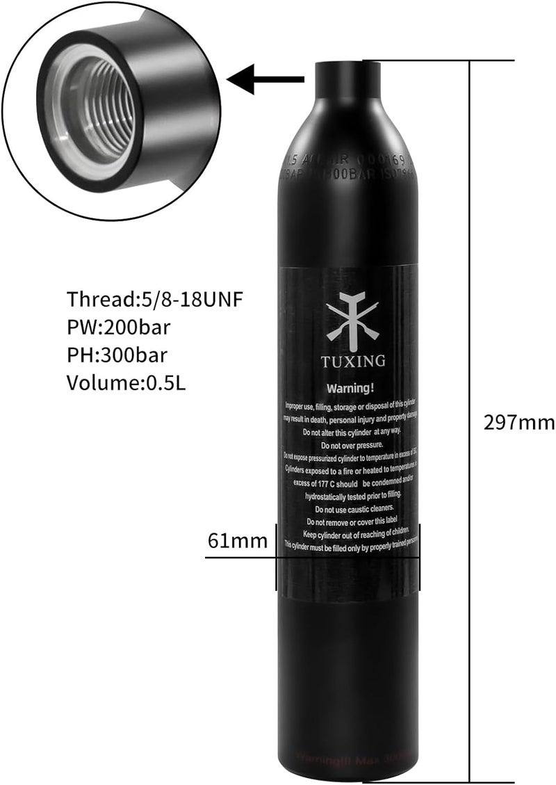 TUXING Aluminum Paintball Air Tank, High Pressure Air Tank 0.5L 31Ci Capacity, Diving Cylinder High Pressure Air Bottle for Paintball or PCP Air Guns (Empty Bottle) (5/8-18UNF) - Image 1